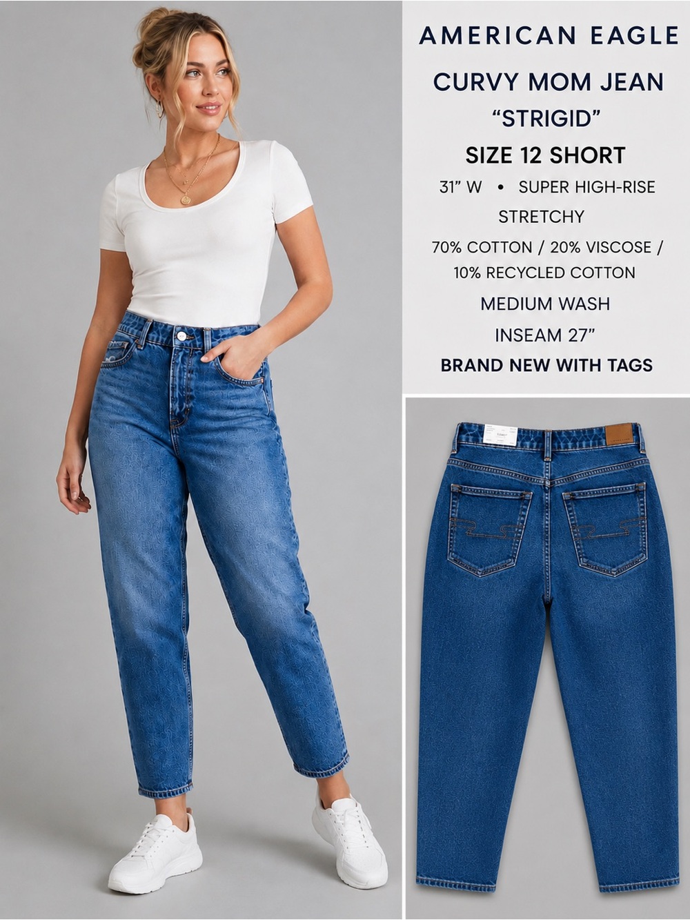 American Eagle Curvy Mom Jeans Strigid Super High Rise Medium Wash Size 12 Short